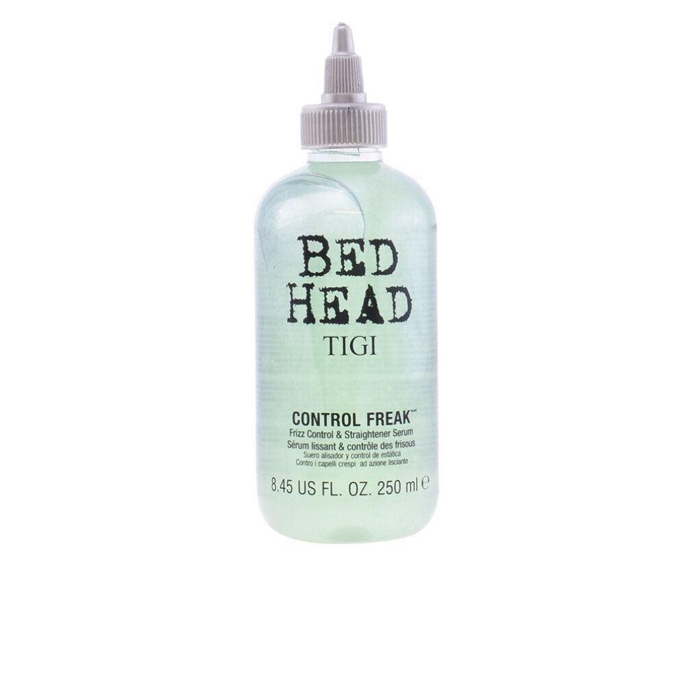 Bed Head Tigi Control Freak Serum. Flasche mit Dosierspitze. Klar-grüne Flüssigkeit. Text: Control Freak, 250 ml.