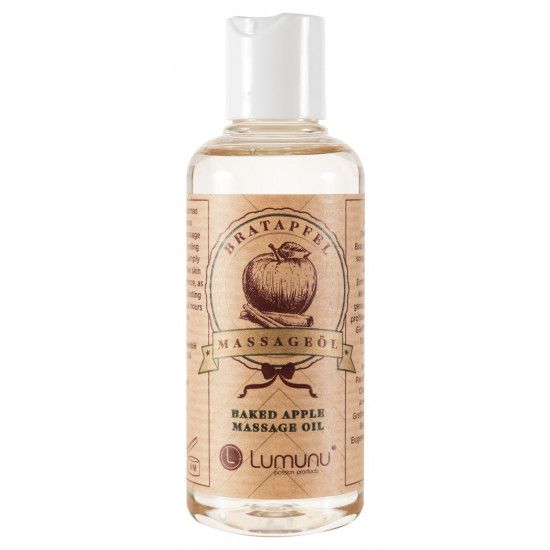 Eine Flasche "Bratapfel Massageöl". Braunes Etikett mit Apfel-Illustration und Schriftzug. Weißer Deckel. "Lumunu" Logo.