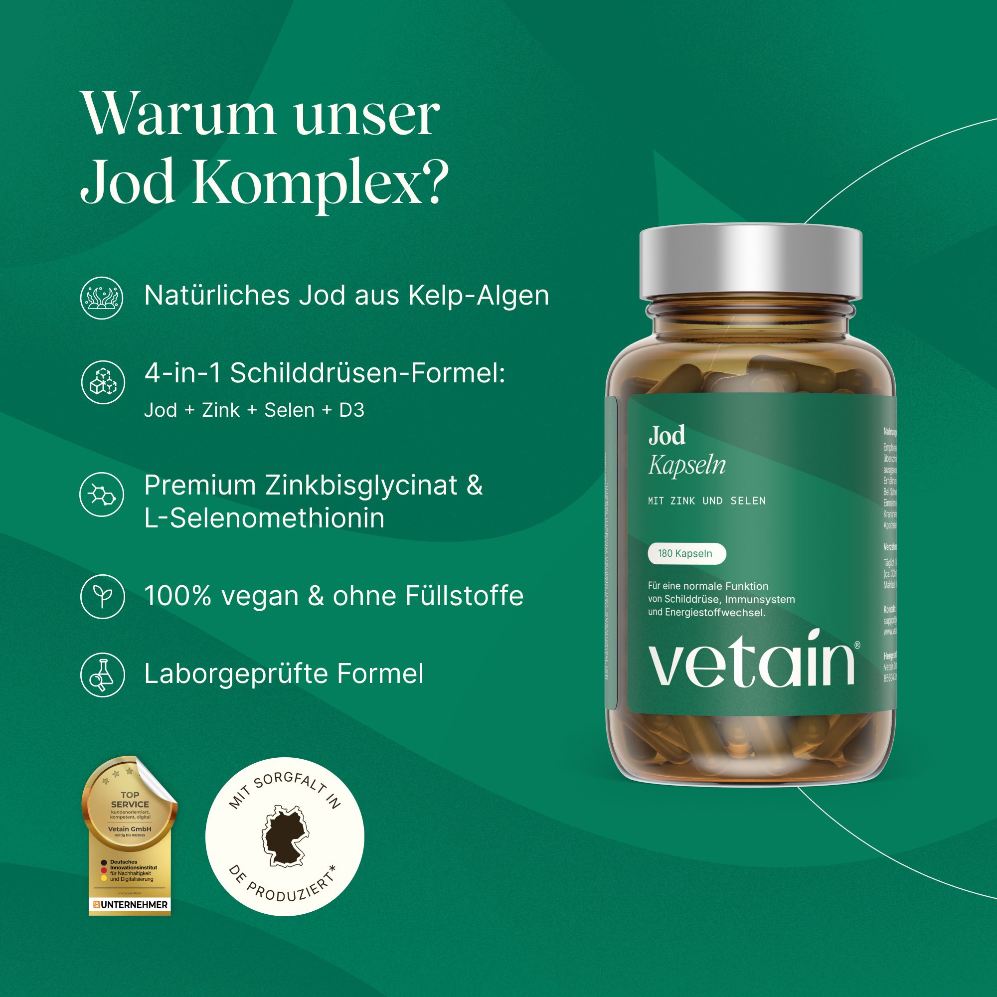 VETAIN Jod Komplex für Schilddrüse - mit Jod aus Bio-Kelp, Selen, Vitamin D3, Zink - 100% Vegan