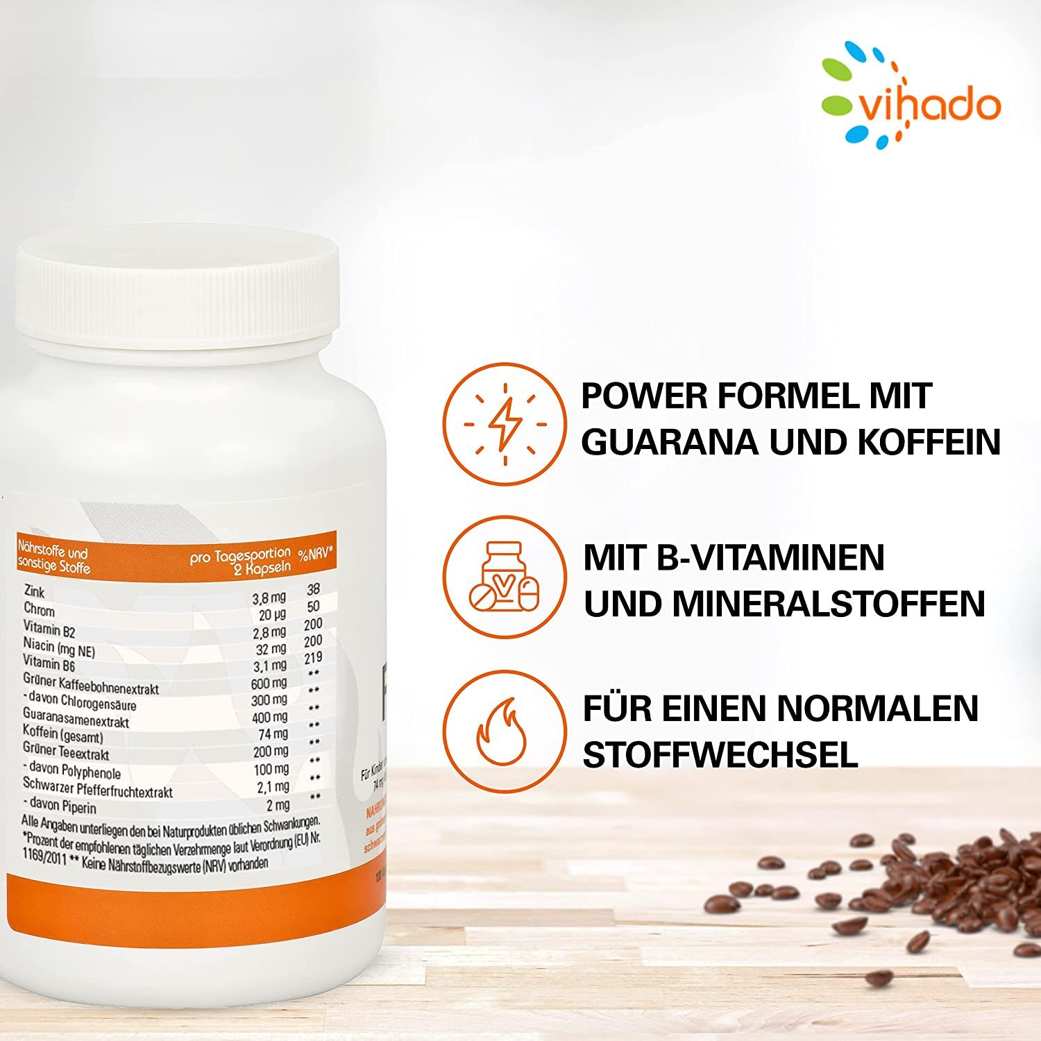 Flacone bianco di capsule Vihado F-BDY. Gli ingredienti e le informazioni nutrizionali sono elencati sul fronte. Sul lato destro, icone con testi come "Formula energetica con guaranà e caffeina" e "Per un normale metabolismo".