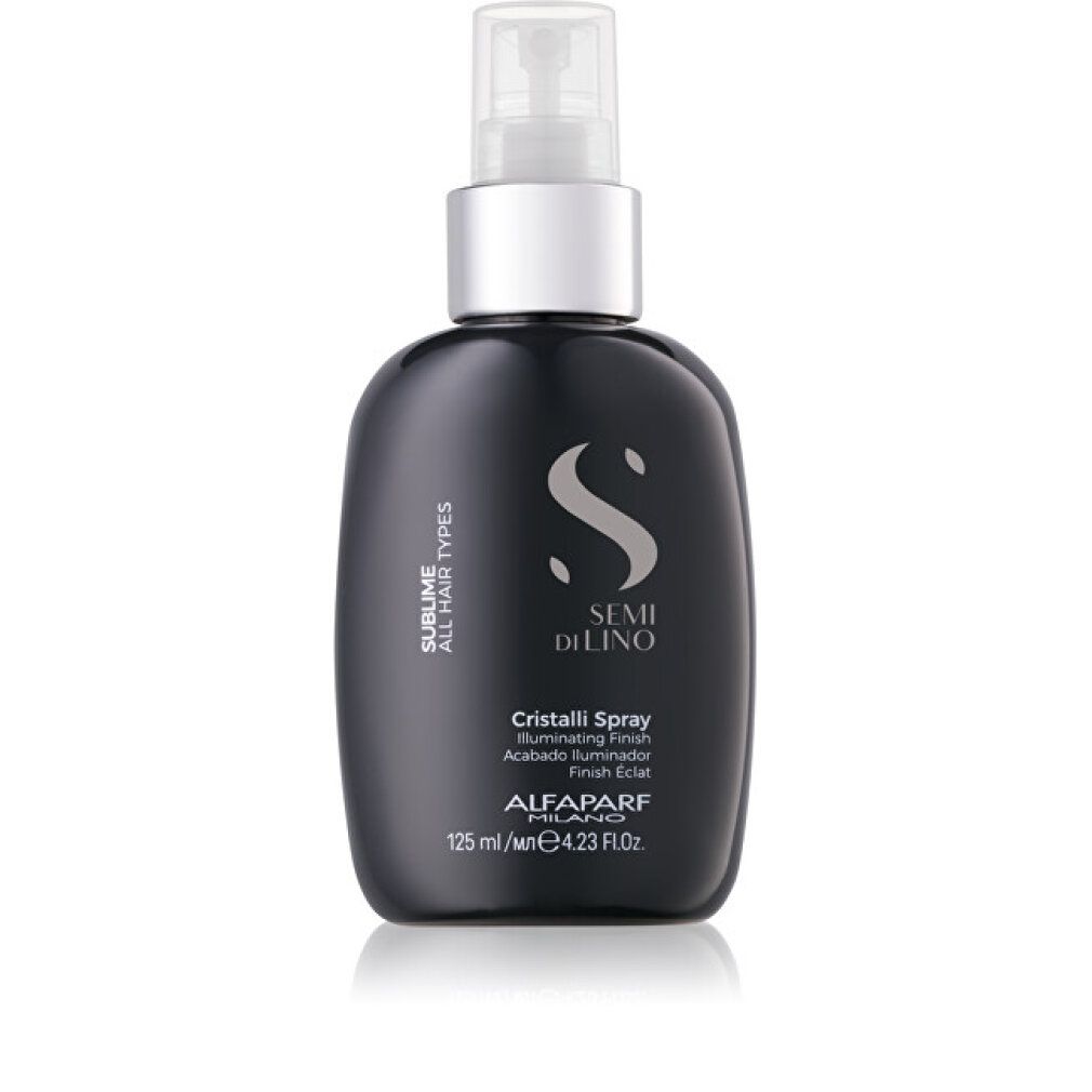 Schwarze Sprühflasche mit silbernem Verschluss. Enthält Semi di Lino Cristalli Spray.
