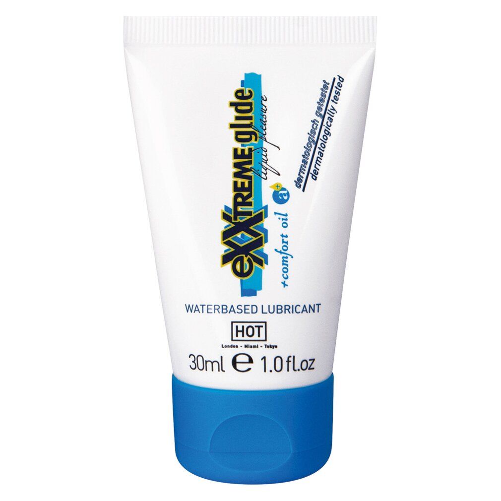 Weiße Tube mit blauem Deckel. Aufschrift eXXtreme glide, Wasserbasiertes Gleitmittel. 30ml. Marke HOT.