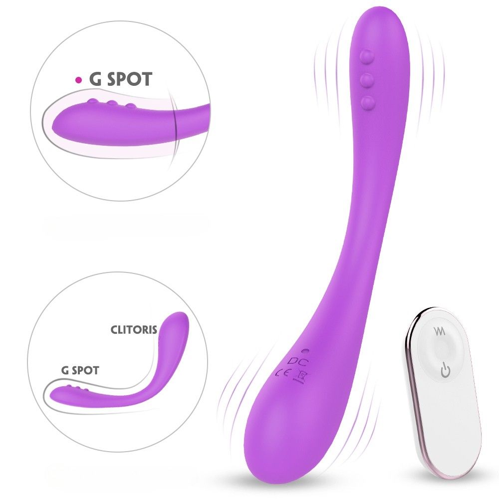 Lila Vibrator mit Fernbedienung. Drei Knöpfe an der Spitze. Fernbedienung mit Knopf.