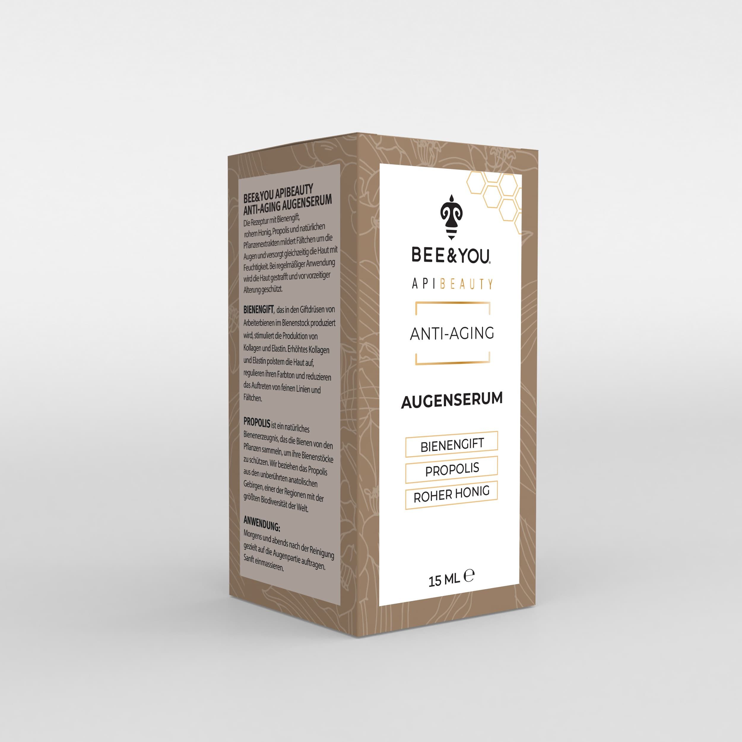 Verpackung des Augenserums. Braune Box mit Text: Anti-Aging, Bienengift, Propolis, 15 ml. Logo: Biene.