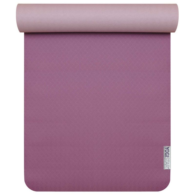 Yogamatte, teilweise gerollt. Oberseite rosa, Unterseite lila. Yogistar-Logo am unteren Rand.