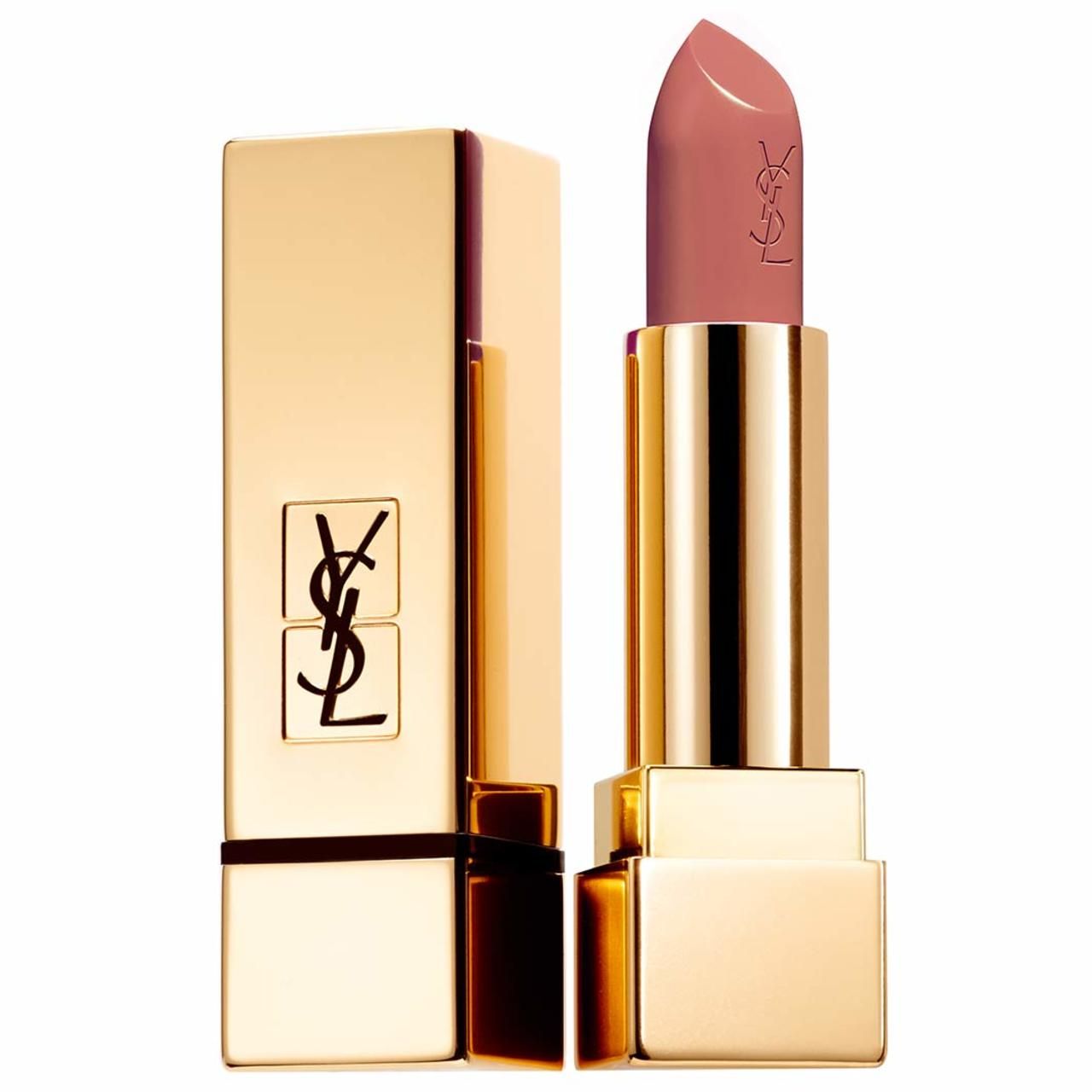 Goldfarbener Lippenstift mit geöffneter Kappe. Der Lippenstift hat eine rosafarbene Spitze mit dem YSL-Logo. Die Kappe ist daneben.