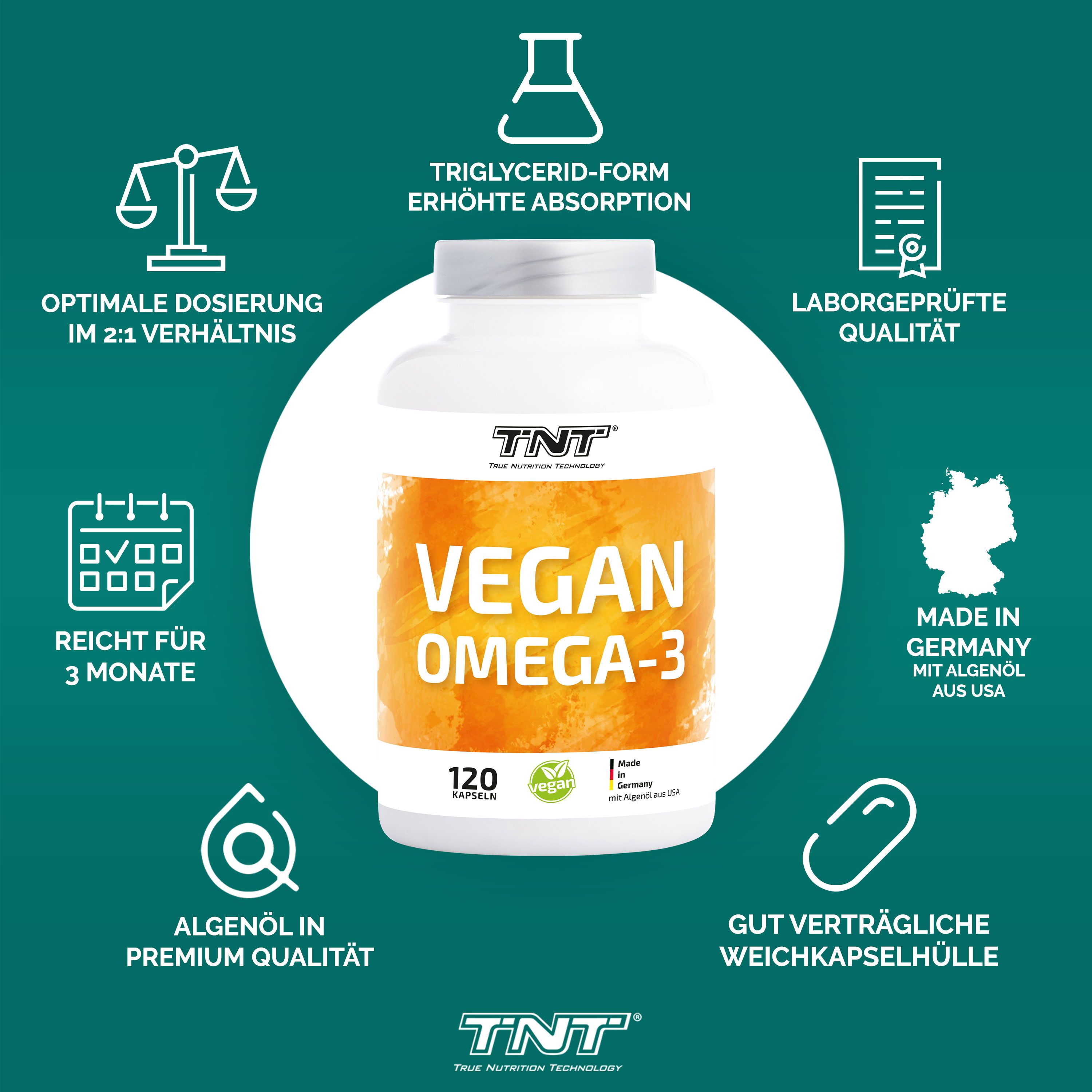 TNT Vegan Omega-3 - hochwertige Fettsäuren aus Algenöl 120 St Kapseln