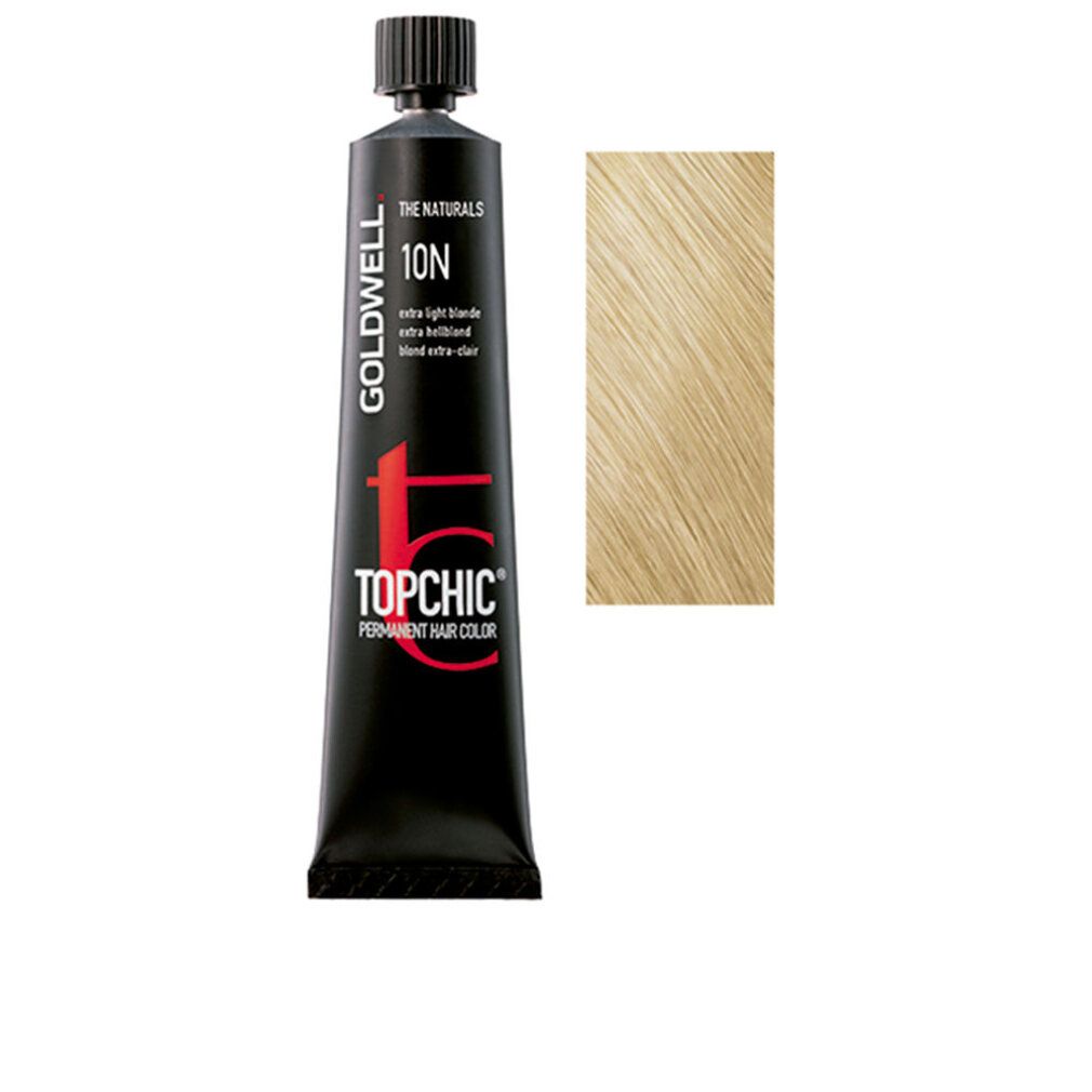 Schwarze Tube mit Aufschrift Goldwell Topchic 10N. Daneben ein rechteckiges Haarsträhnenmuster in hellem Blond.
