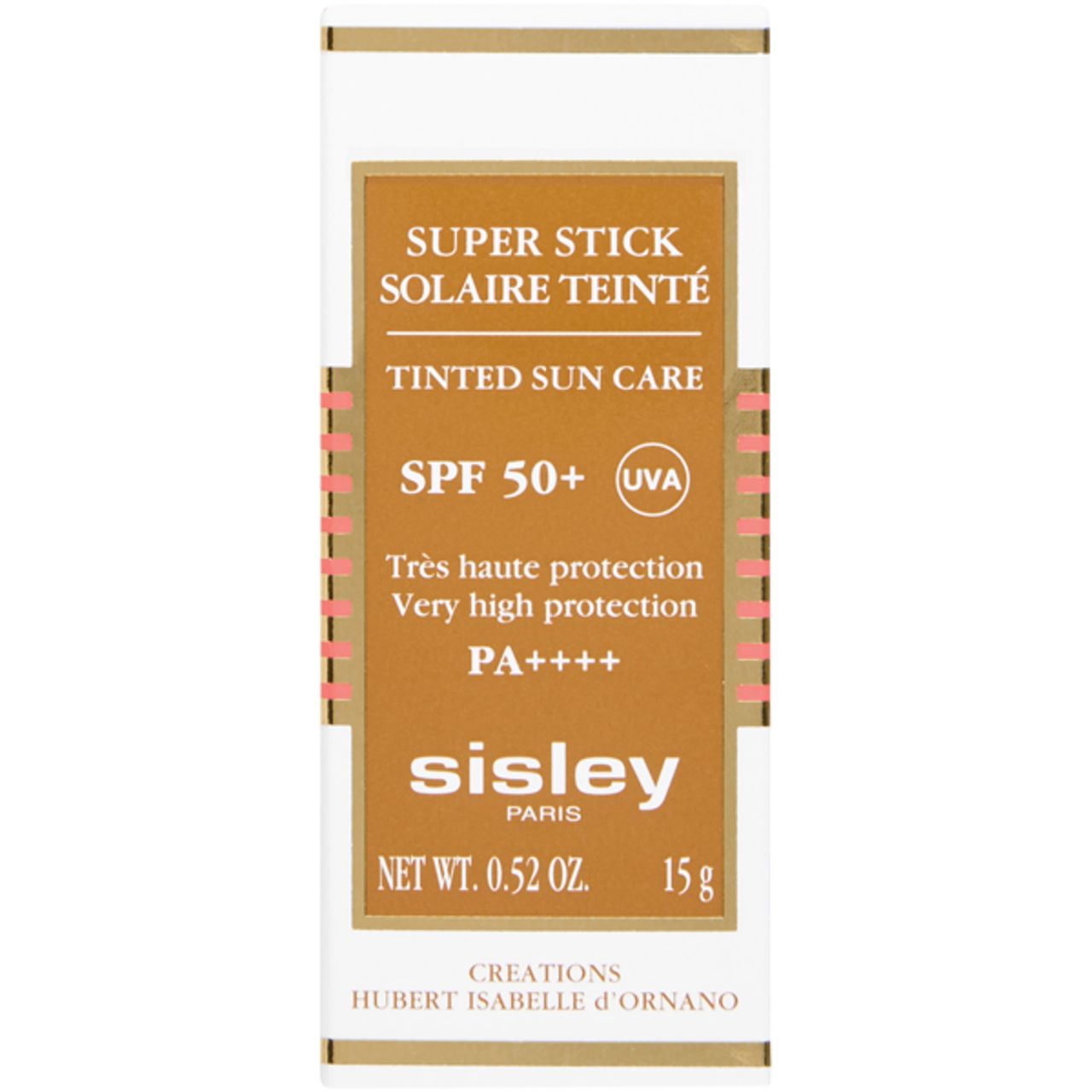 Kartonverpackung für Sonnenschutzstift. Text: Super Stick Solaire Teinté, SPF 50+, Sisley, 15g.