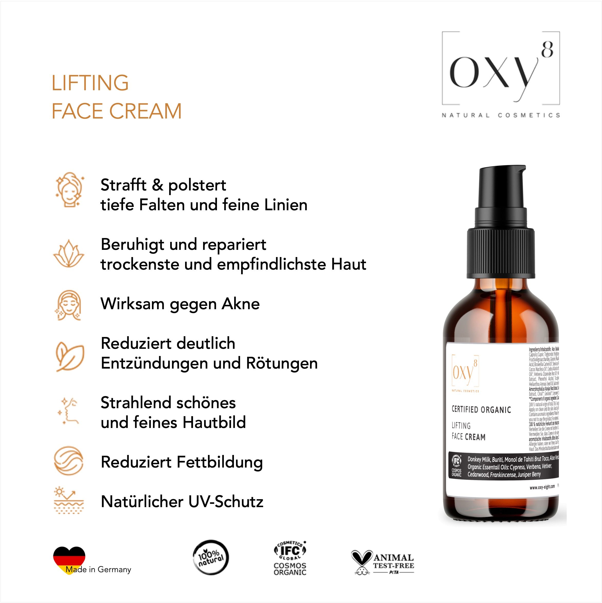 oxy8 Naturkosmetik Lifting Face Cream - Anti Aging. Beruhigt empfindlichste & trockenste Haut. 30 ml Tagescreme