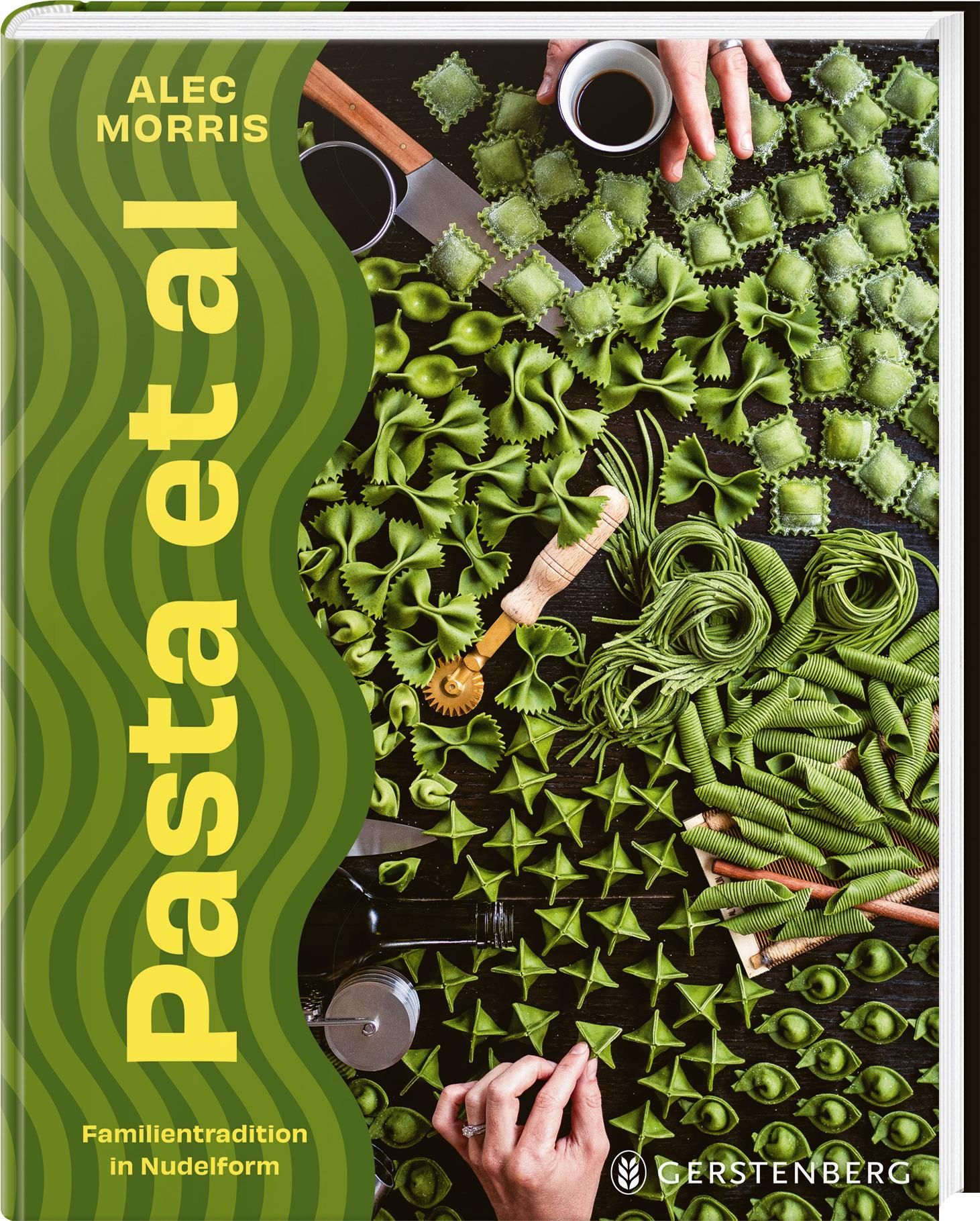 Buchcover mit Titel "Pasta et al". Autor Alec Morris. Grüne Nudeln verschiedener Formen auf dunklem Untergrund. Gerstenberg-Logo.
