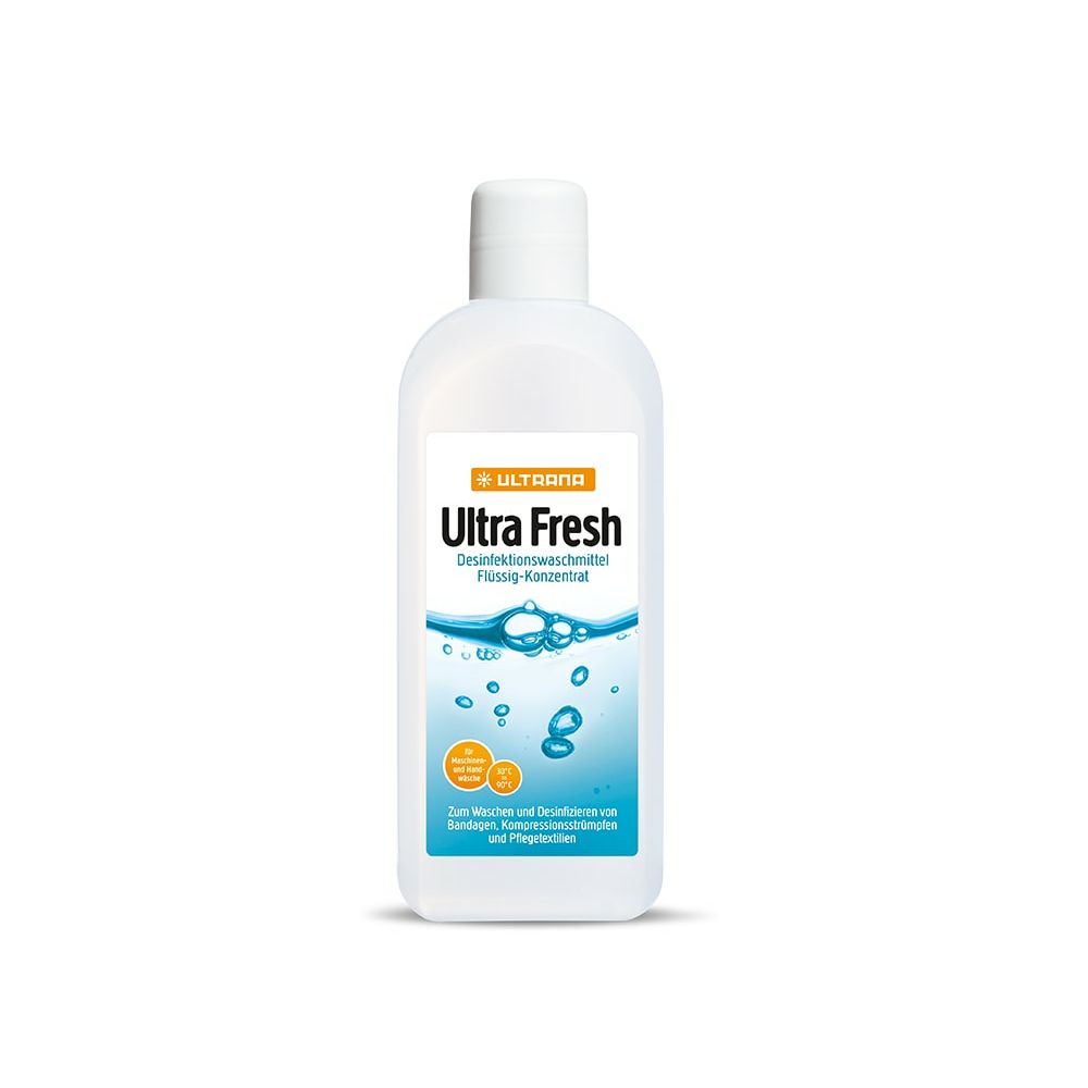 Weiße Flasche mit weißem Deckel. Aufschrift "Ultra Fresh". Text: Desinfektionswaschmittel Flüssig-Konzentrat. Blauer Hintergrund mit Blasen.