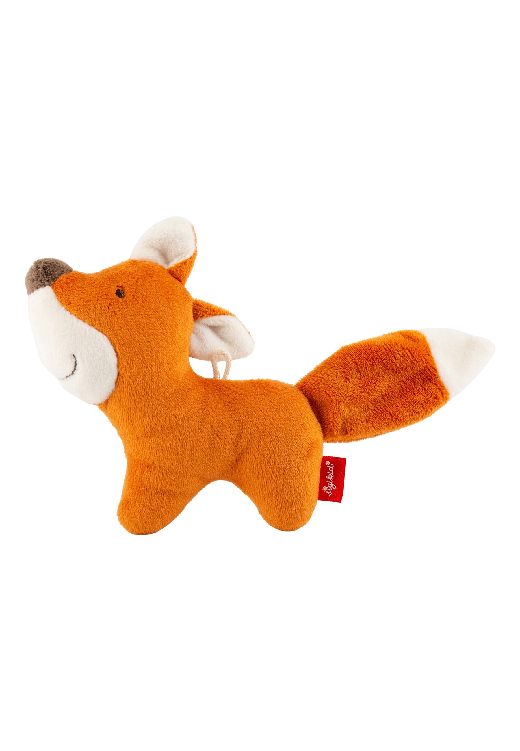 Orangefarbener Stofffuchs mit weißem Bauch und Schwanzspitze. Rotes Etikett mit "sigikid"-Logo. Aufhängeschlaufe.