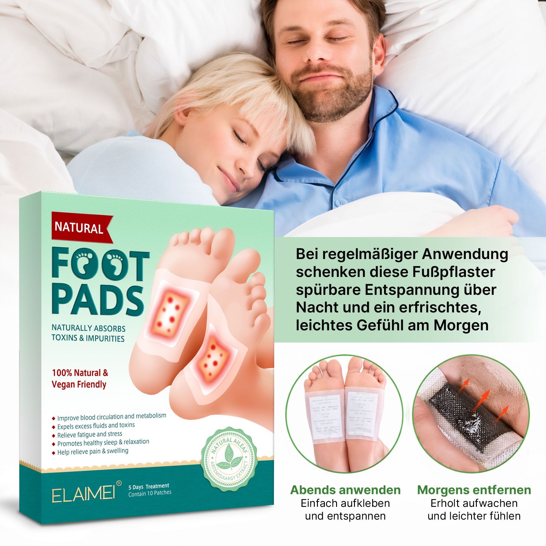 Verpackung und Anwendung von Fußpads.
