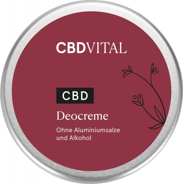 Runde Dose mit rotem Deckel. Aufschrift: CBDVITAL, CBD, Deocreme. Ohne Aluminiumsalze und Alkohol.