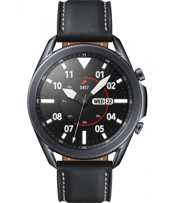 Dunkle Smartwatch mit schwarzem Gehäuse und Lederarmband. Zifferblatt mit Zahlen und Anzeigen. Schwarzes Lederarmband.