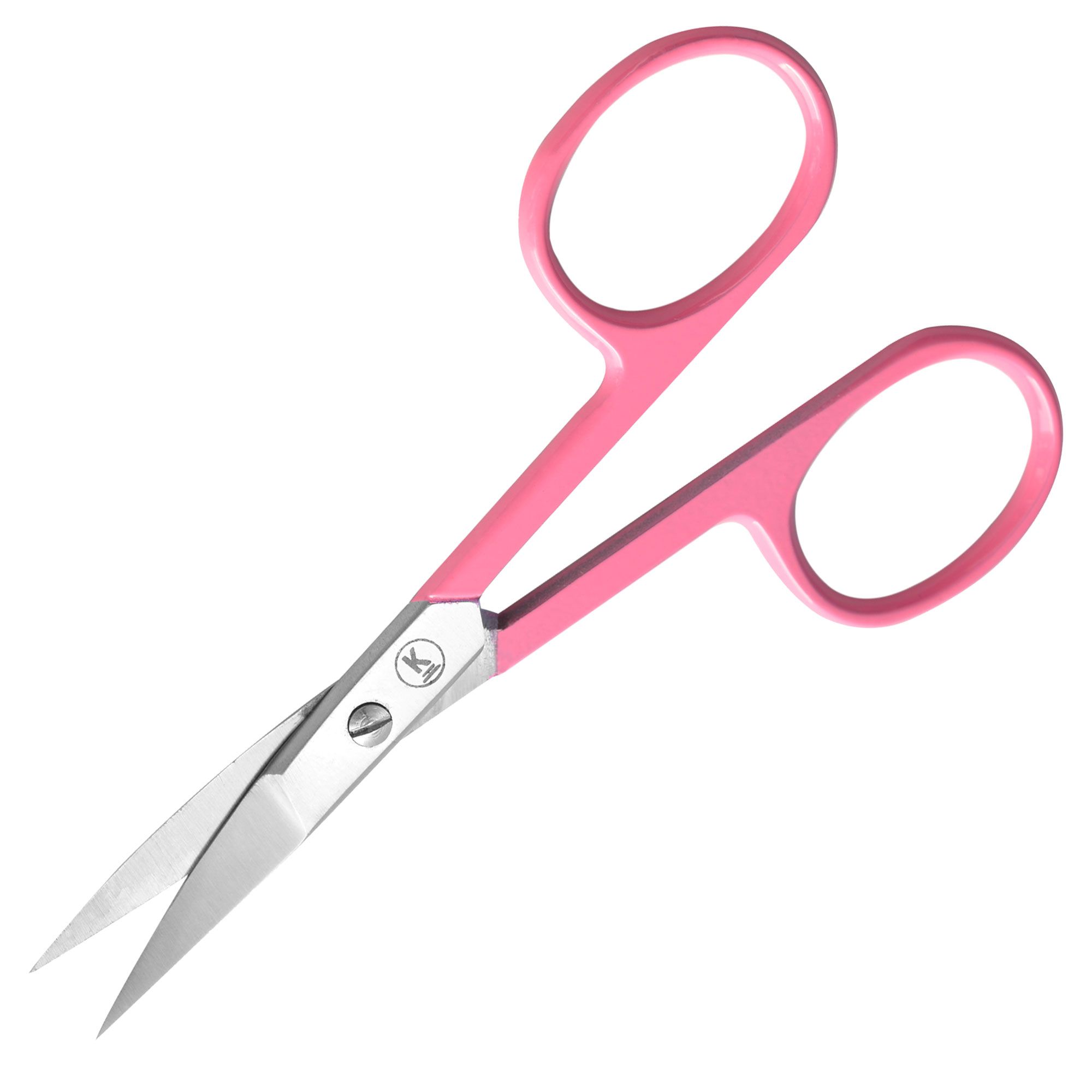 Nagelschere, rosa. Metallklingen, pinkfarbene Griffe. K-Pro Logo. Gebogene Spitze.