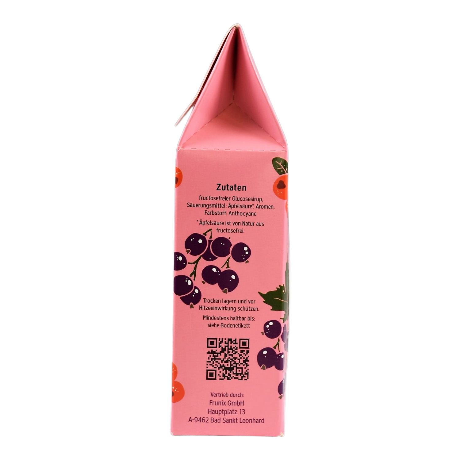 Rosa Verpackung mit Zutatenliste. Illustrationen von Johannisbeeren und Cranberrys. QR-Code und Firmenadresse.