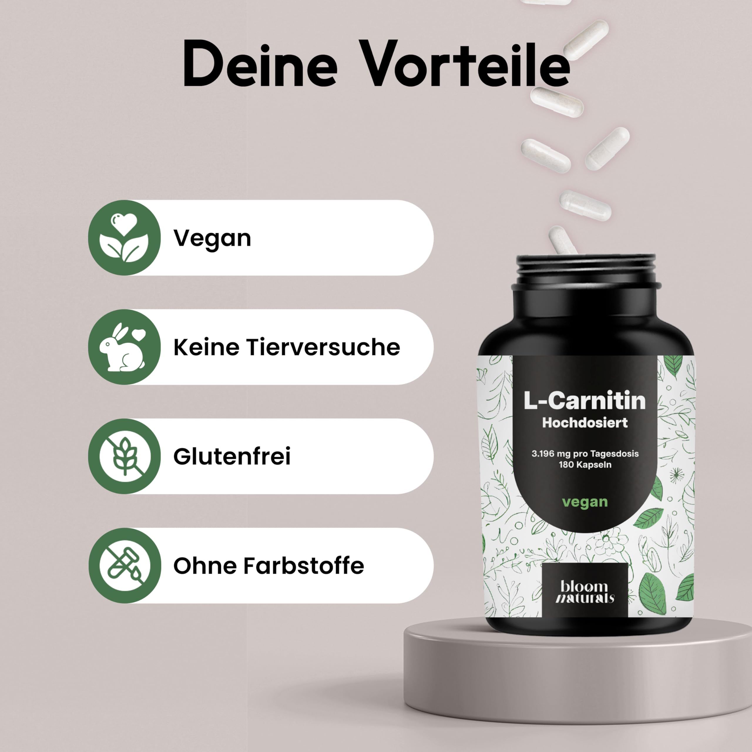 L-Carnitin Kapseln und Icons. Icons: Vegan, keine Tierversuche, glutenfrei, ohne Farbstoffe. Schwarze Flasche mit Kapseln.