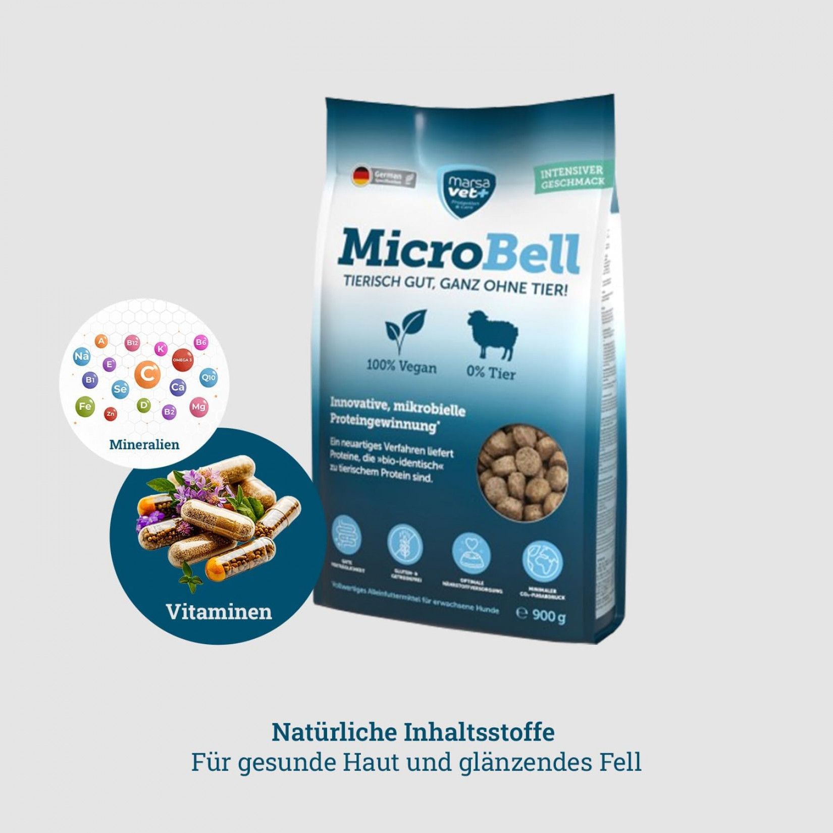 Marsavet MicroBell Hundefutter-Beutel mit Vitaminen und Mineralien. Der Beutel zeigt das Produkt, die Marke und die Inhaltsstoffe. Aufschrift: Tierisch gut, ganz ohne Tier!