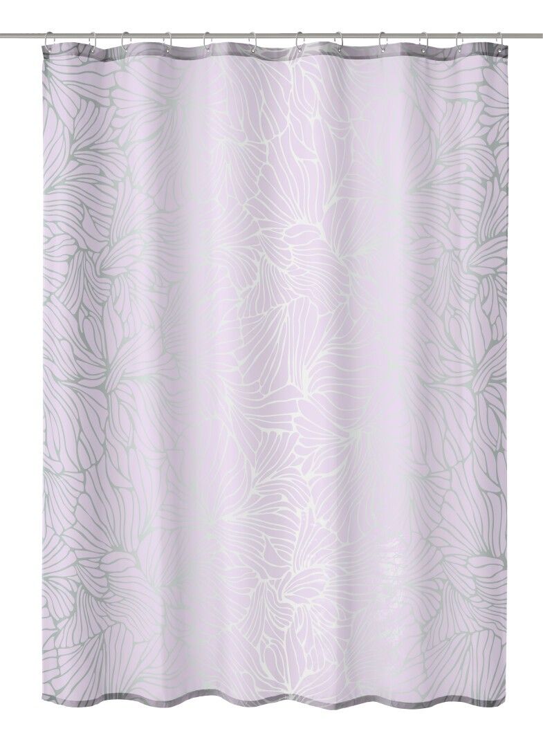 Duschvorhang mit floralem Muster in Lavendel und Grau. Aufhängung an Metallstange.