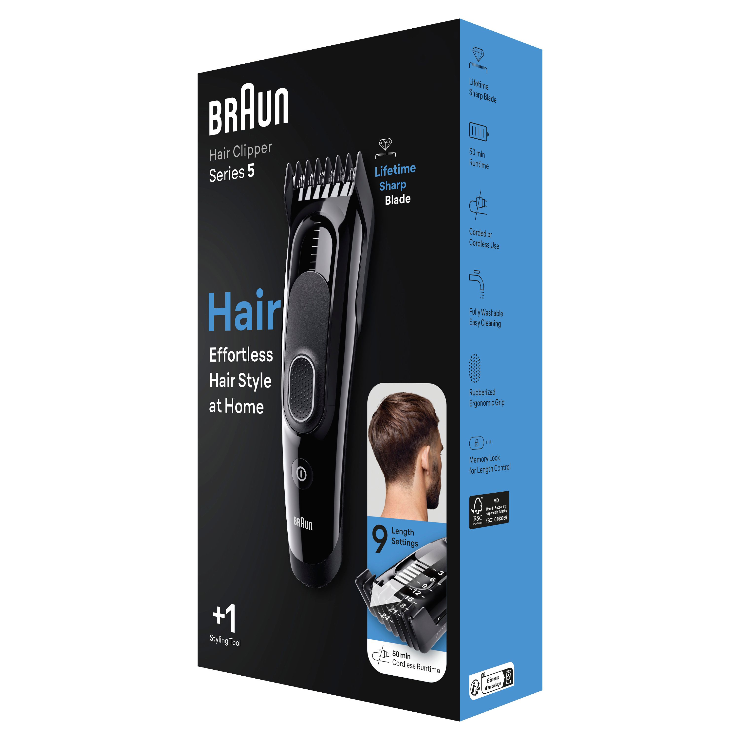 Produktverpackung. Schwarze Verpackung mit Haarschneider und Zubehör. Marke: Braun. Text: Hair Clipper Series 5.