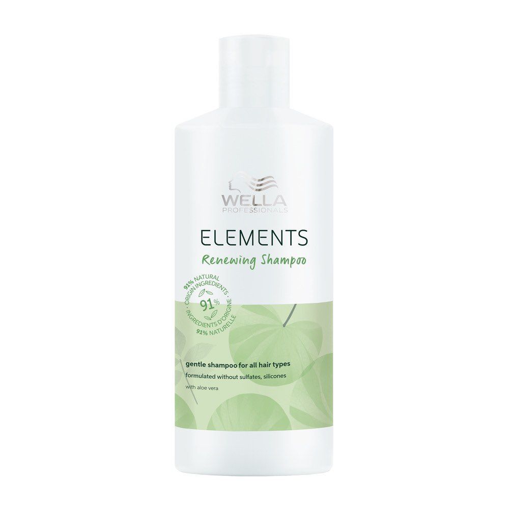 Weiße Flasche Wella Elements Shampoo. Aufschrift: Renewing Shampoo, 91% natürliche Inhaltsstoffe. Für alle Haartypen.