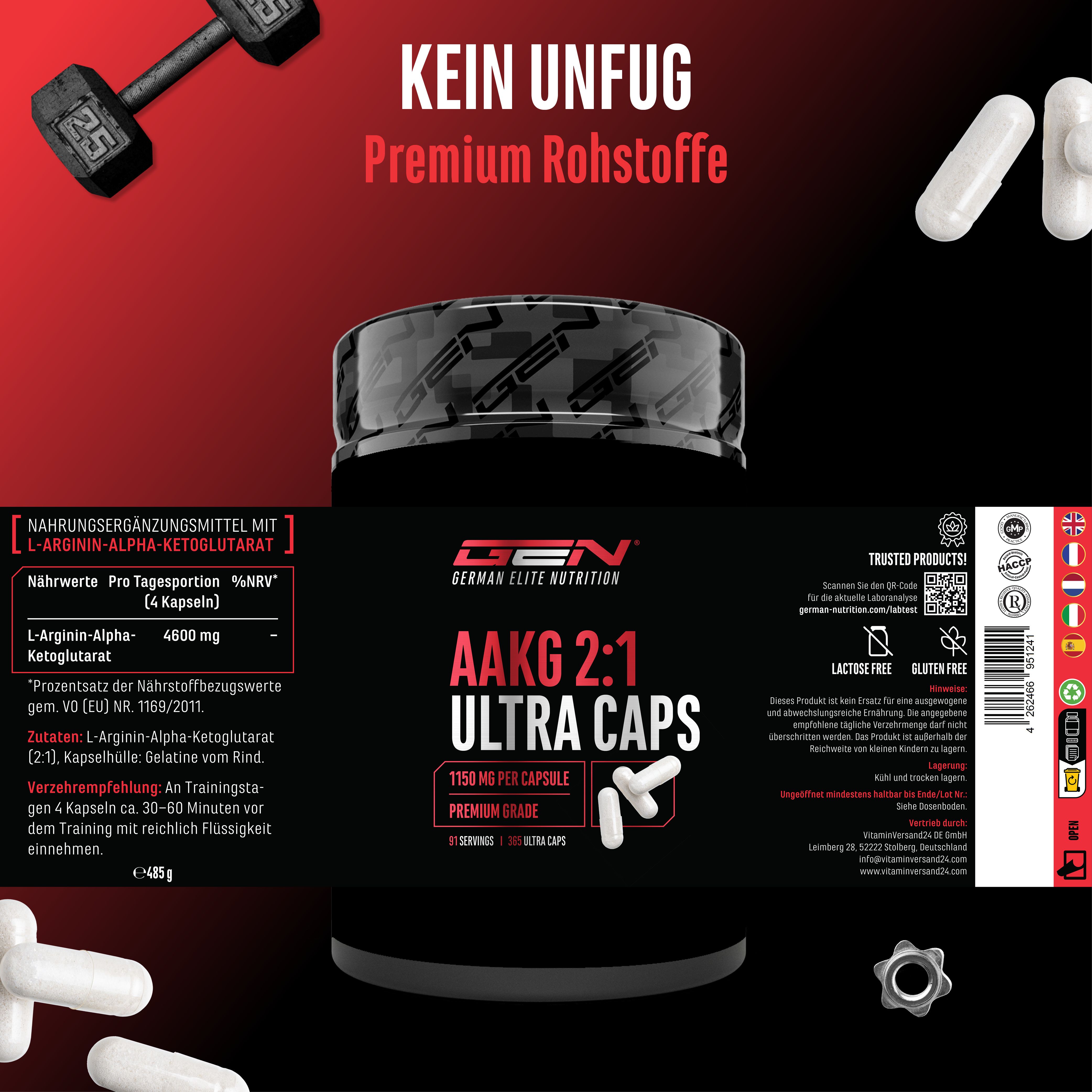 Produktverpackung von AAKG 2:1 Ultra Caps. Aufschrift: 1150 MG PER CAPSULE, 365 Ultra Caps. Enthält L-Arginin-Alpha-Ketoglutarat.