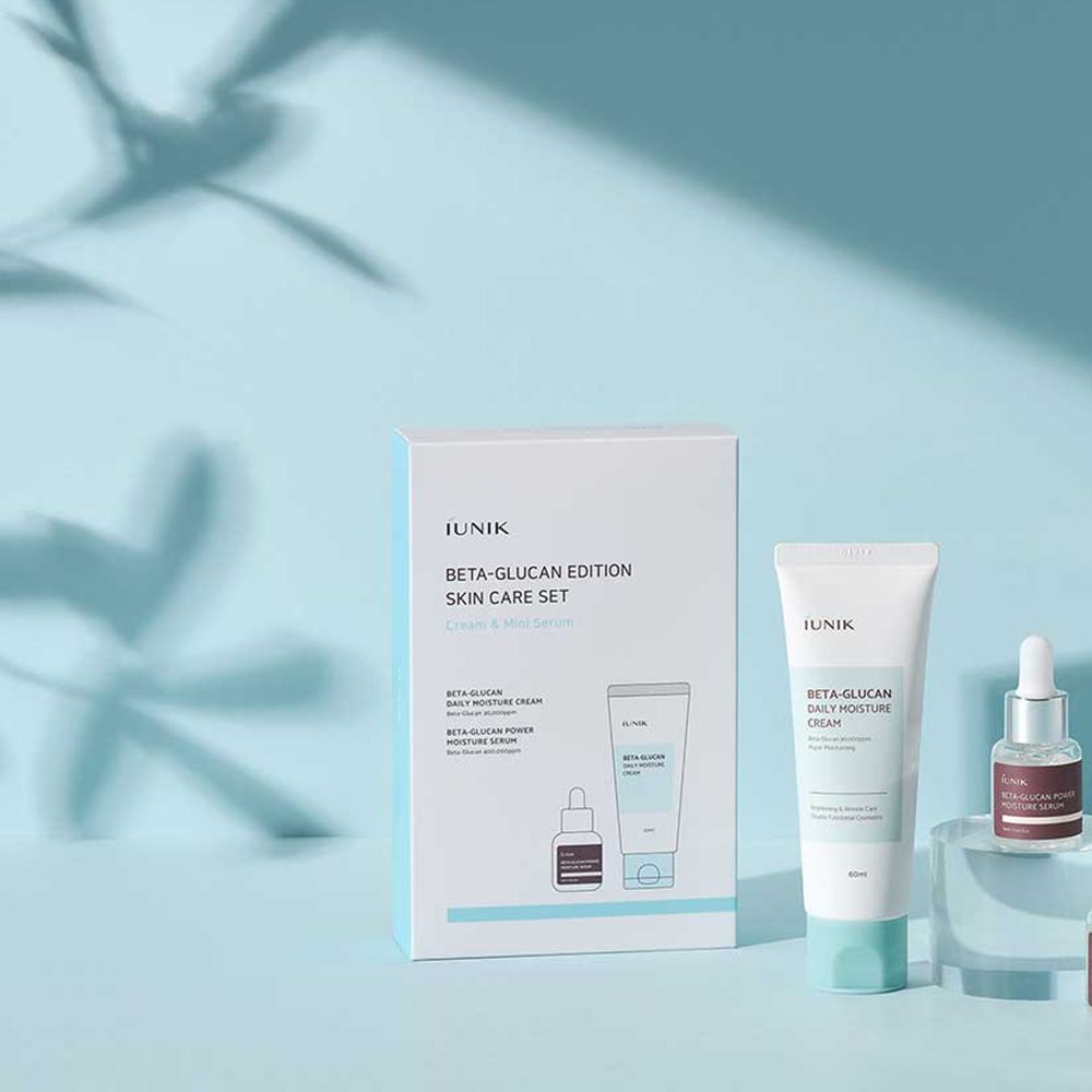 Hautpflege-Set mit Creme und Serum. Box, Creme-Tube und Serum-Fläschchen. Marke iUNIK, Produktname Beta-Glucan Edition.