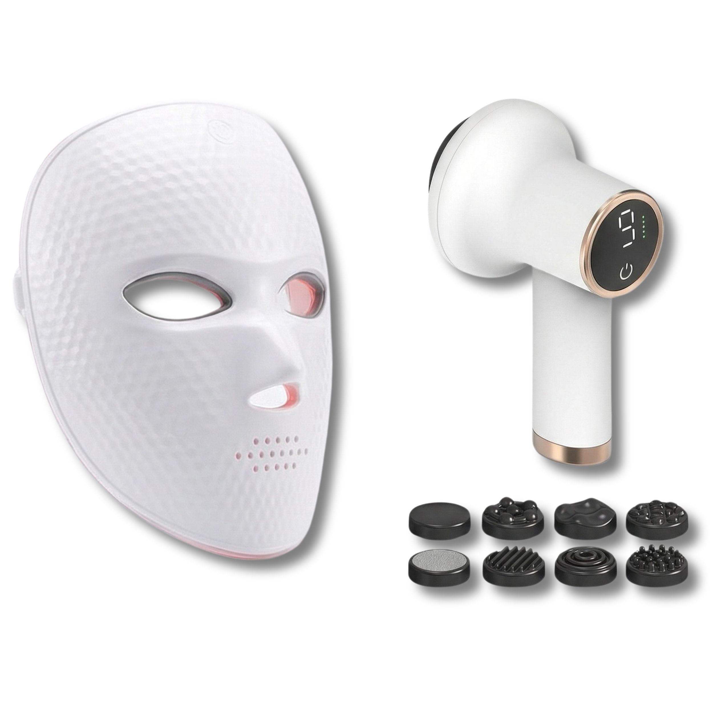 Weiße LED-Gesichtsmaske und weißer Massager mit acht Aufsätzen.