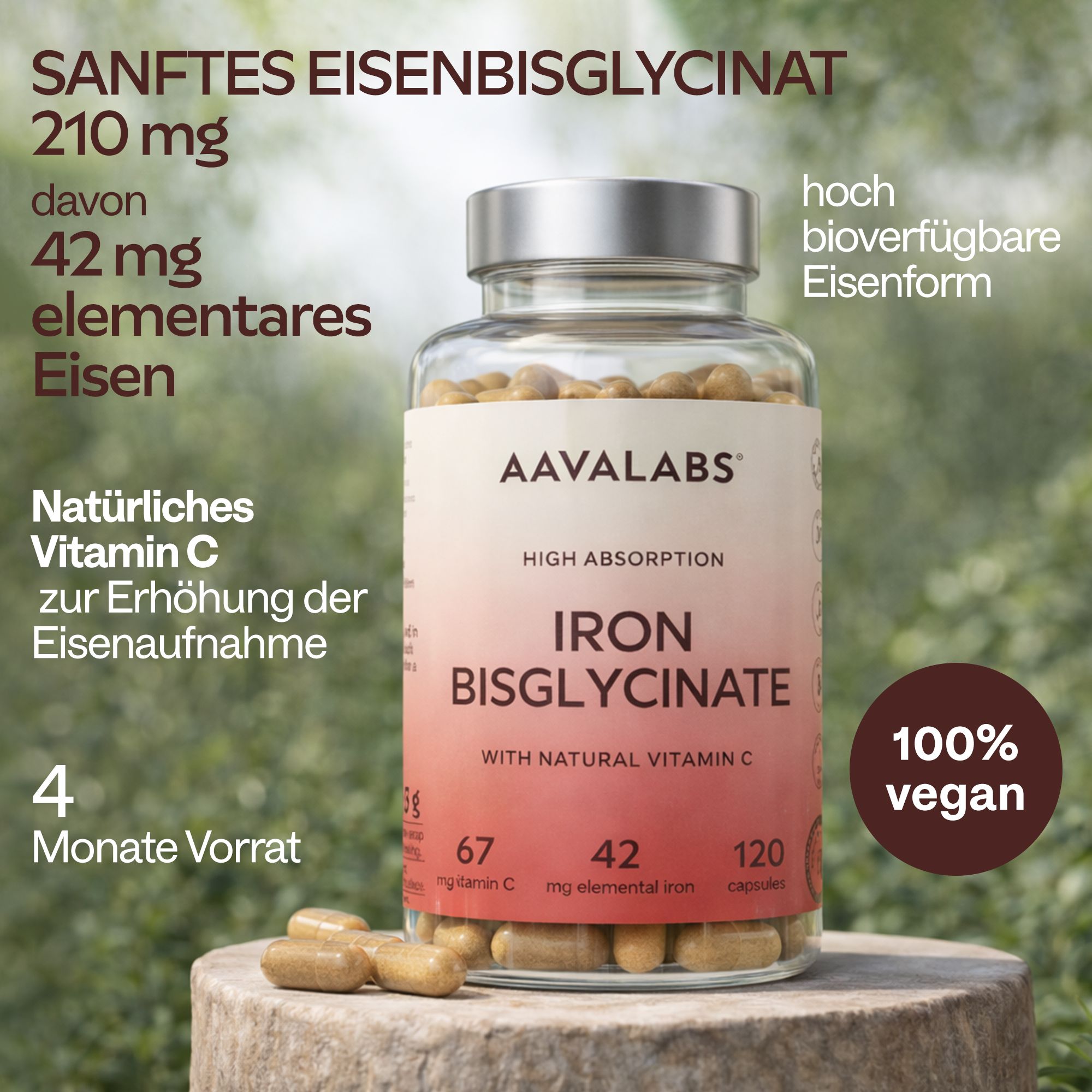 Text auf weißem Hintergrund. Enthält Nährwertangaben. Text: Eisenbisglycinat, Vitamin C, MCT-Kokosnusspulver.