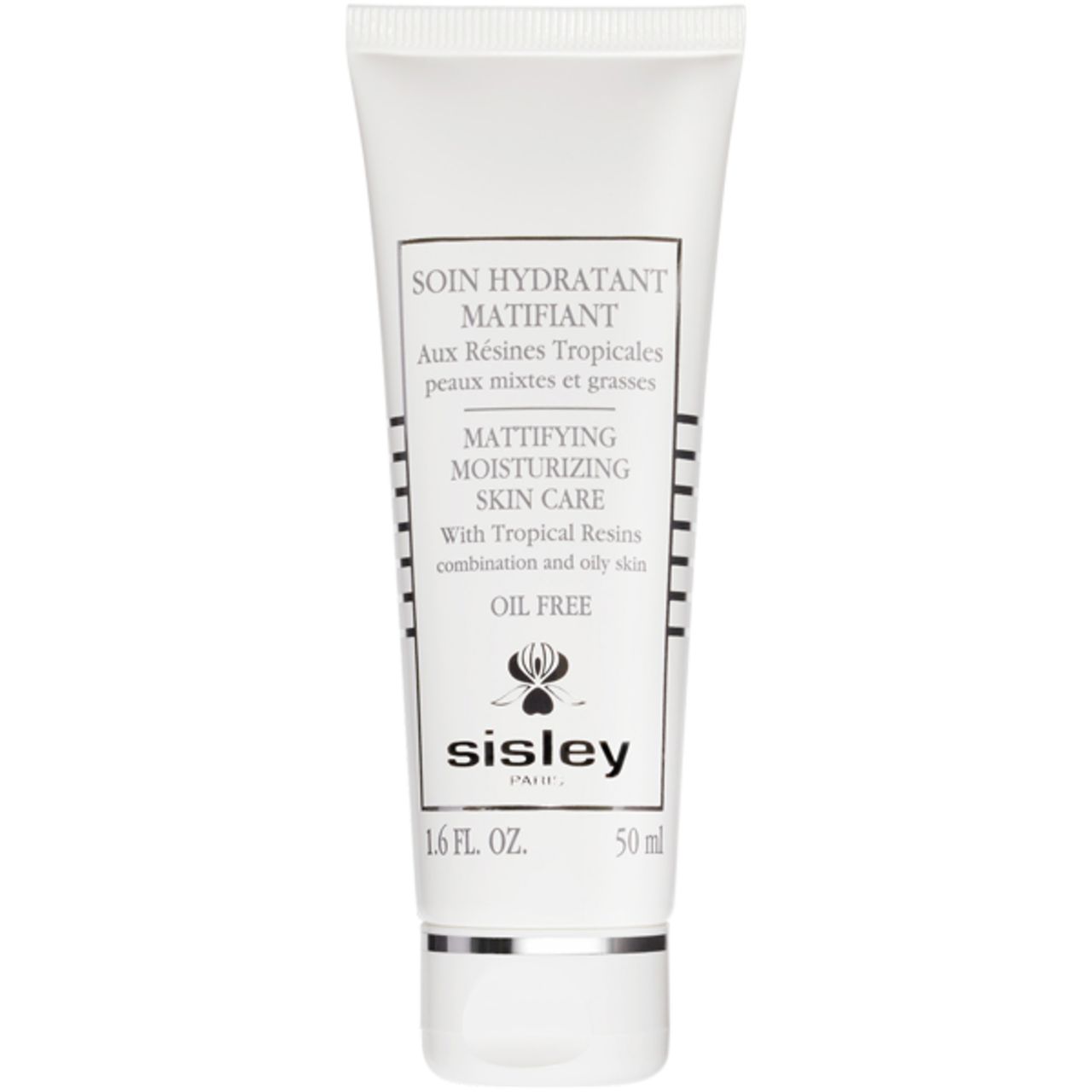 Weiße Tube mit schwarzer Schrift. Text: Soin Hydratant Matifiant, Sisley Paris, 1.6 FL. OZ. und 50 ml.