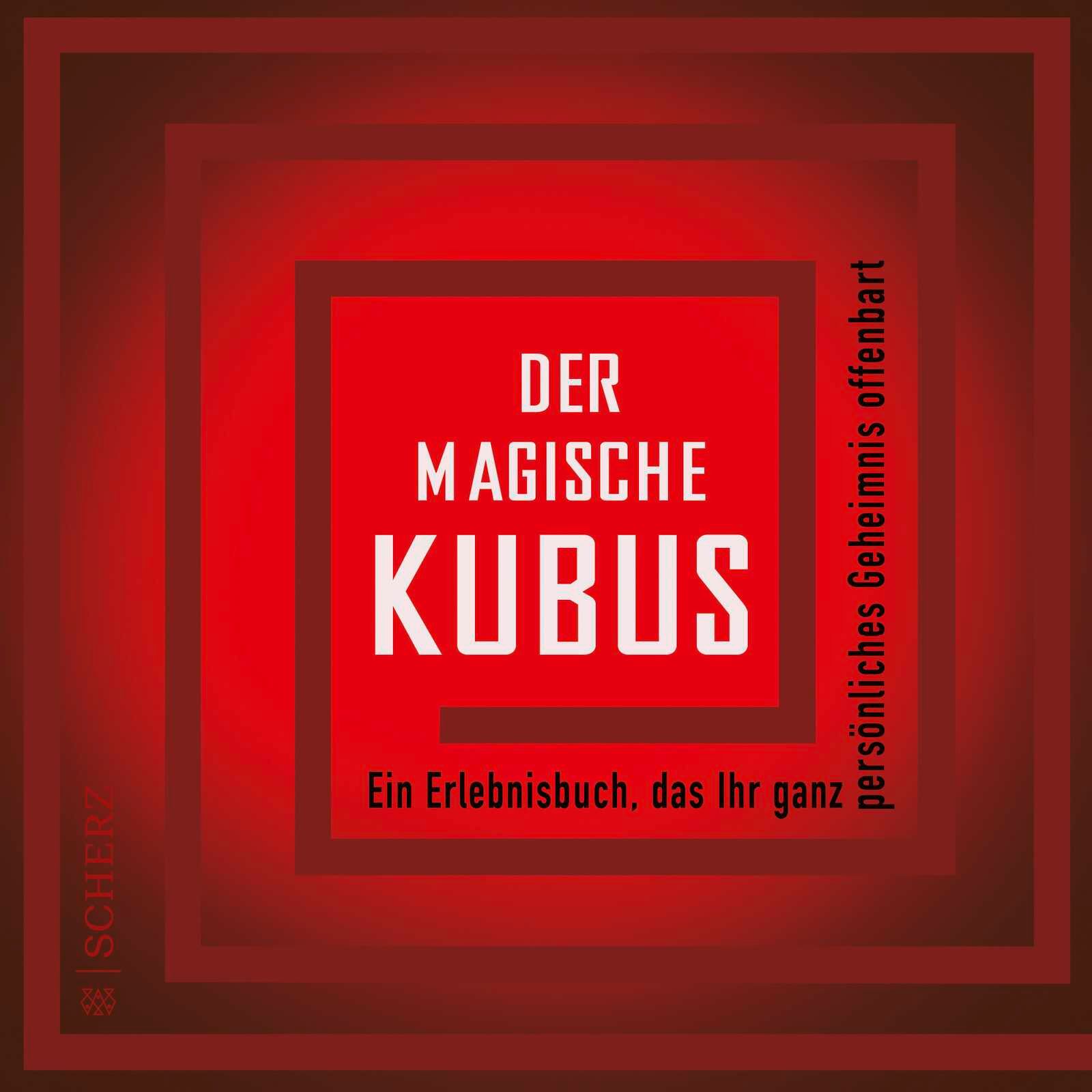 Rotes Buchcover mit Titel „Der magische Kubus“. Text in Weiß. Quadratisches Design mit abgestuften roten Quadraten im Hintergrund.