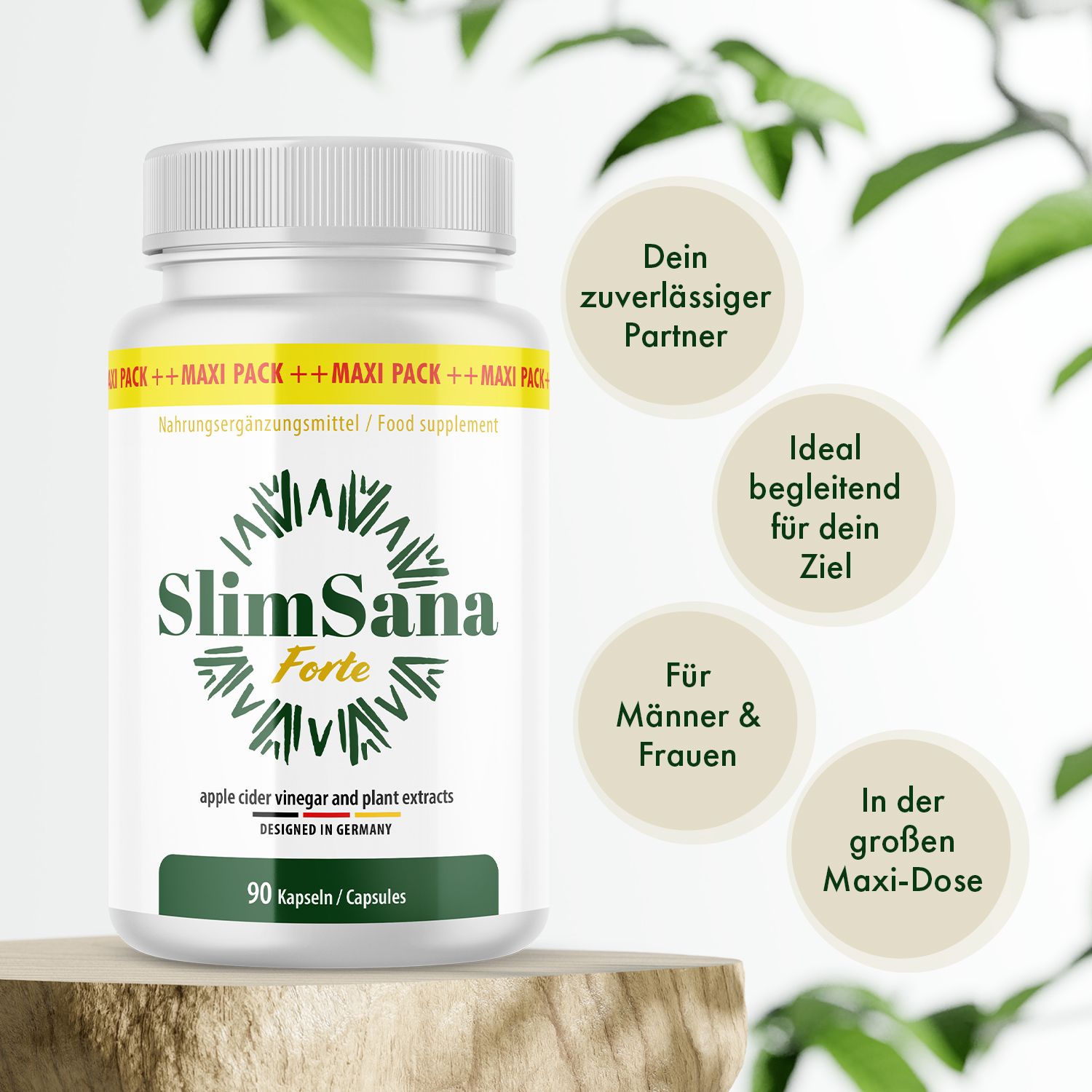 Weiße Flasche SlimSana Forte auf Holzsockel. Gelbes Etikett, grüne Schrift. 90 Kapseln. Text: Apfelessig und Pflanzenextrakte. In Kreisen: Texte in Deutsch.