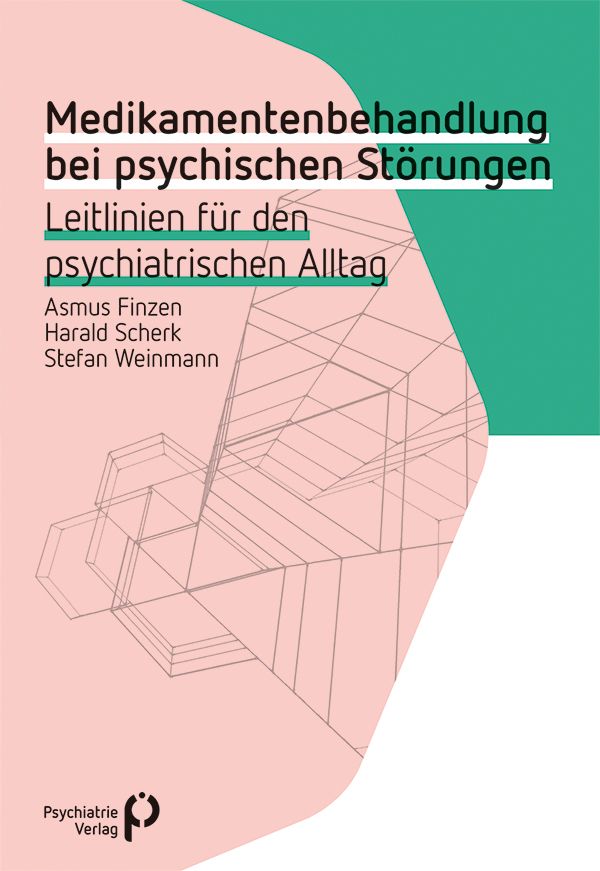 Buchcover: Medikamentenbehandlung bei psychischen Störungen. Titel, Autoren, und Verlagslogo. Rosa, grün und weiß.