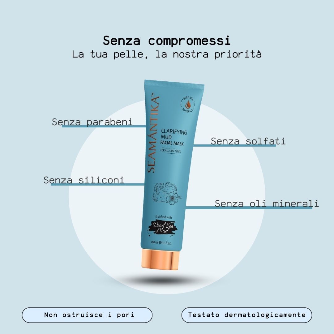 Tubo blu turchese. Scritta: SEAMANTIKA, Clarifying Mud Facial Mask. Con testi: Senza siliconi, solfati, parabeni, oli minerali.
