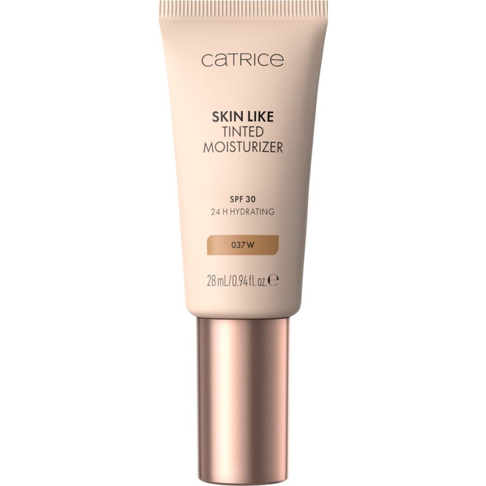Getönte Feuchtigkeitscreme. Tube mit Aufschrift Catrice, Skin Like, getönter Feuchtigkeitscreme, SPF 30, 24H Hydrating. Farbton 037W.