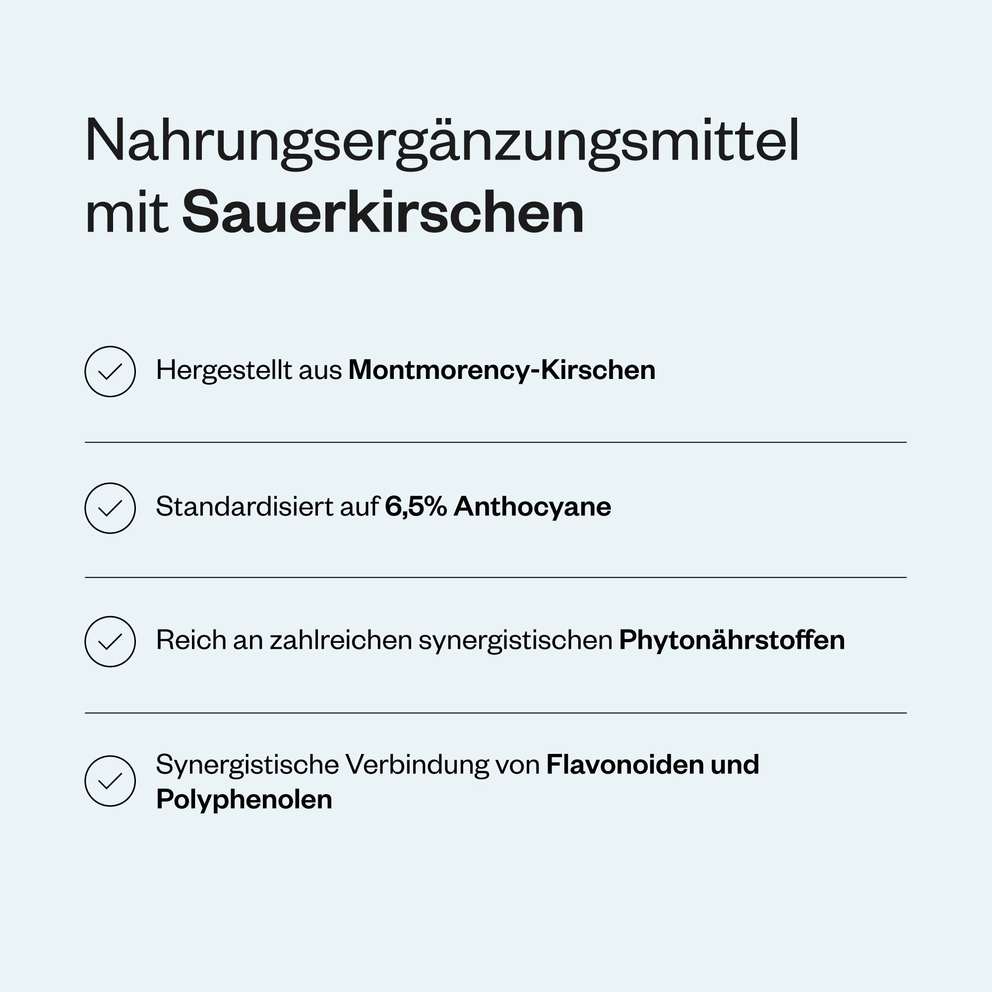 Infografik: Nahrungsergänzungsmittel mit Sauerkirschen. Hergestellt aus Montmorency-Kirschen. Standardisiert auf 6,5% Anthocyane.