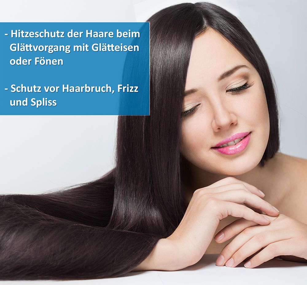 Frau mit glattem, glänzendem Haar. Text: Hitzeschutz beim Glätten, Schutz vor Haarbruch, Frizz und Spliss.