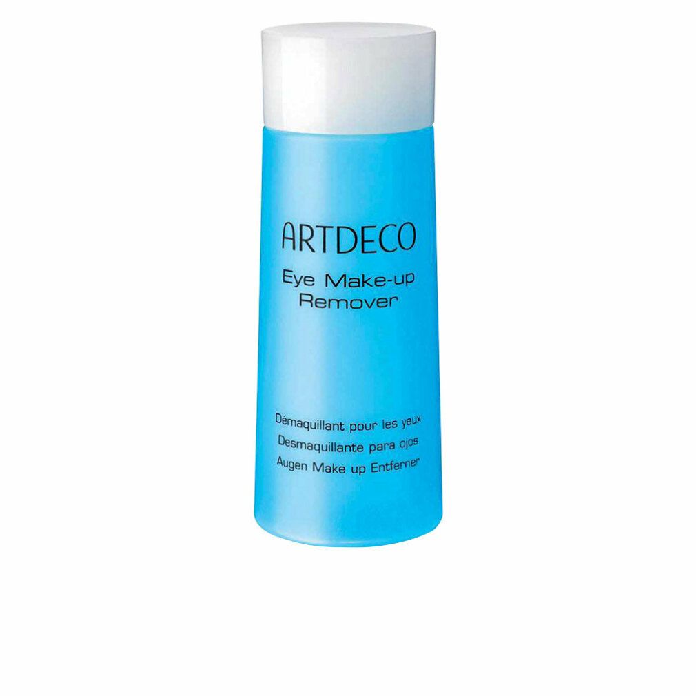 Zylindrische Flasche mit blauem Inhalt und weißem Deckel. Aufschrift: ARTDECO Eye Make-up Remover. Mehrsprachige Beschriftung.