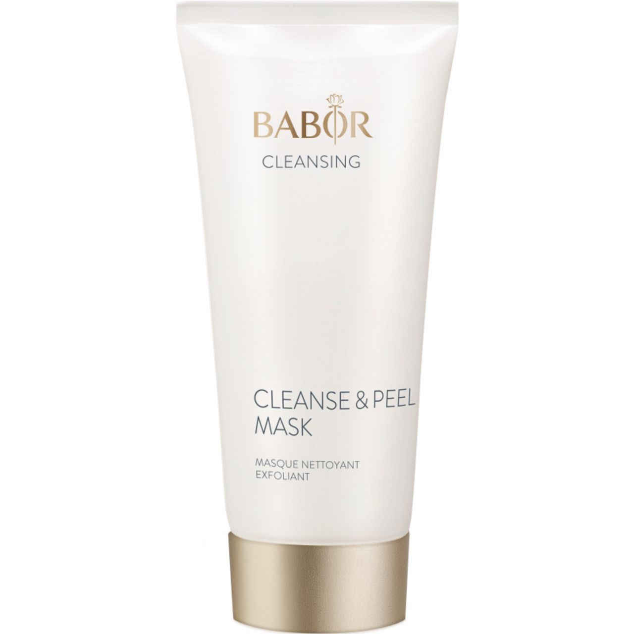 Weiße Tube mit goldfarbenem Deckel. Aufschrift: Babor Cleansing, Cleanse & Peel Mask. Französische Bezeichnung darunter.