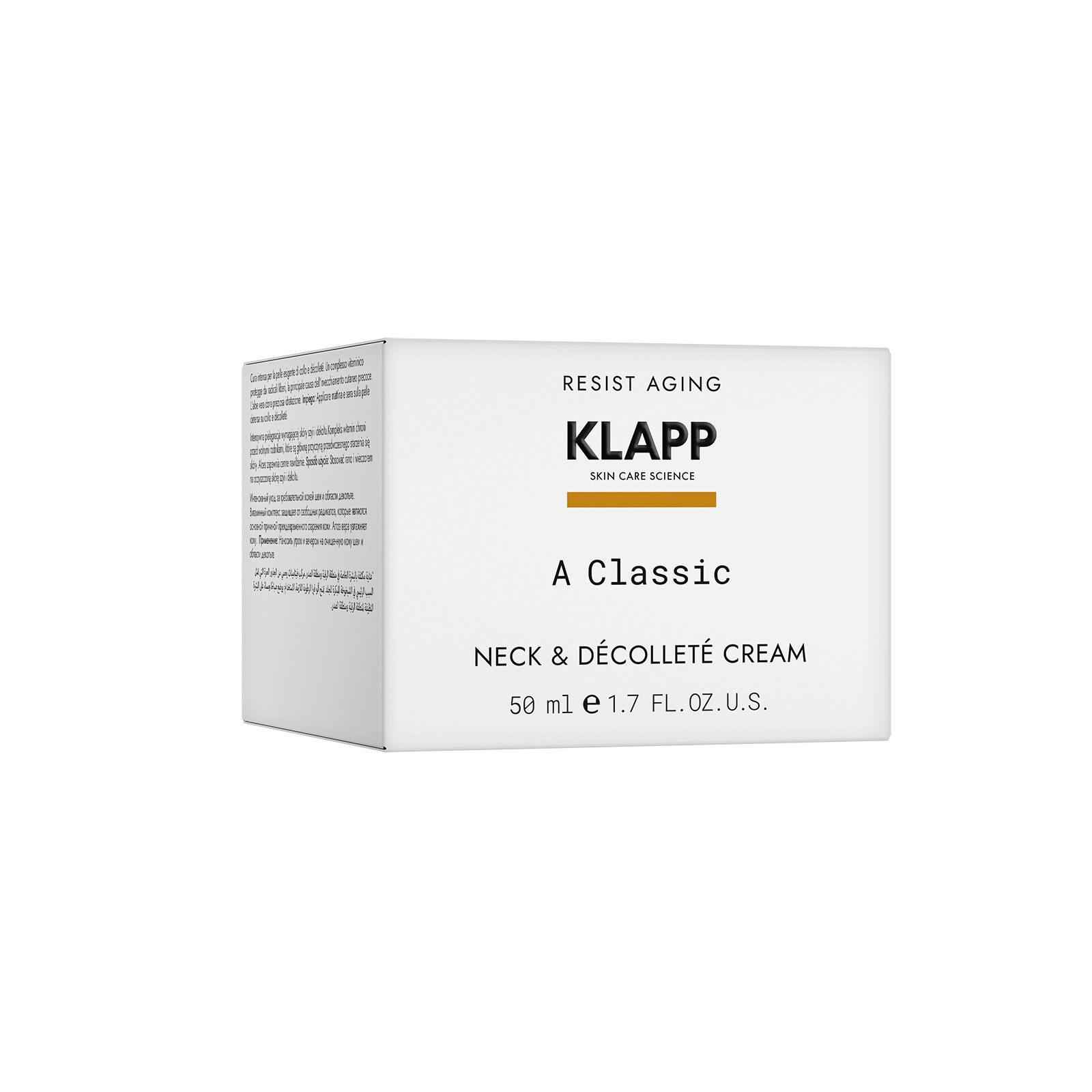 Weiße Verpackung mit Produktinformationen. Aufschrift: KLAPP, A Classic, Neck & Décolleté Cream. Volumen: 50 ml.