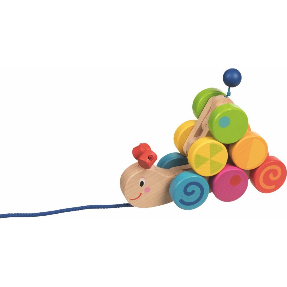 Holzwurm mit bunten Rädern und Zugband. Der Wurm hat ein lächelndes Gesicht und eine rote Verzierung.