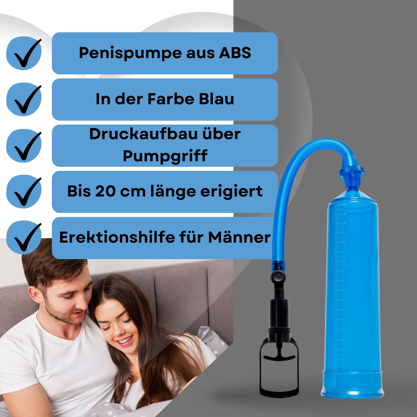 Blaue Penis-Pumpe mit Pumpgriff und Schlauch. ABS-Kunststoff. Für Männer. Bis 20 cm erigiert.