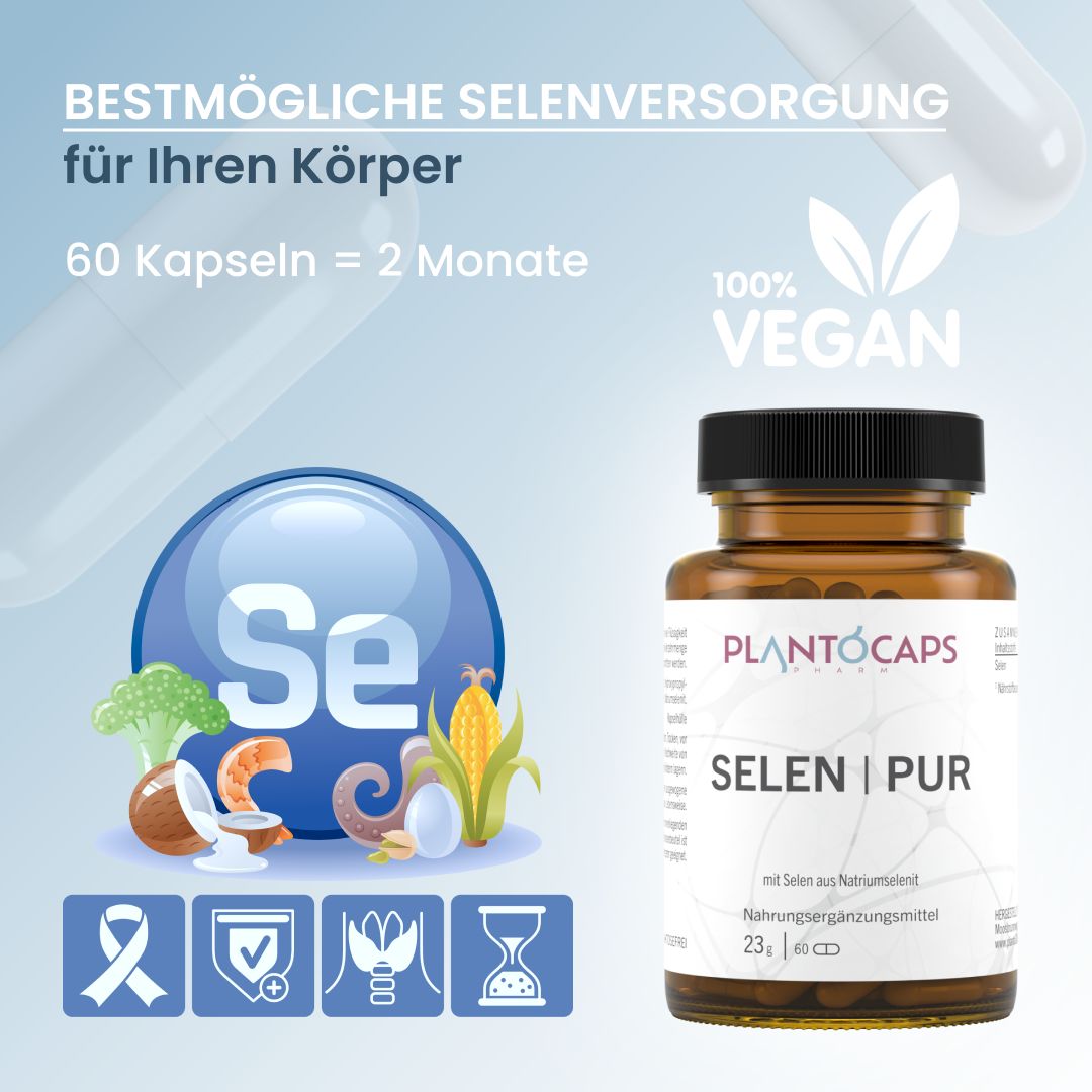 Produktabbildung mit Flasche "plantoCAPS SELEN | PUR". 60 Kapseln. Vegan-Siegel. Illustrationen von Lebensmitteln und Symbolen.