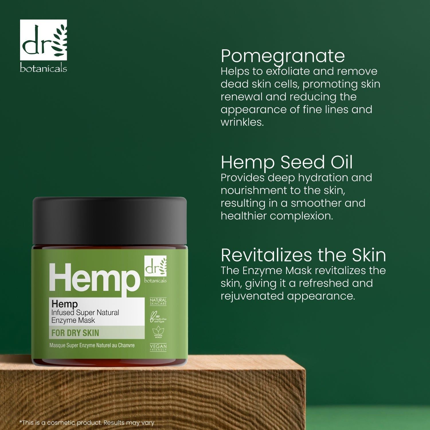 Grünes Glas auf Holzblock. Text: Pomegranate, Hemp Seed Oil, Revitalizes the Skin. Logo: Dr Botanicals.