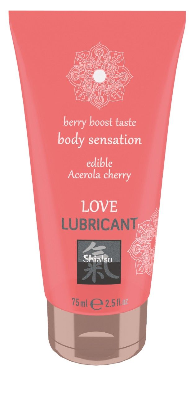 Rosa Tube mit weißem Aufdruck. Text: berry boost taste, body sensation, edible Acerola cherry, LOVE LUBRICANT. Marke: Shiatsu.