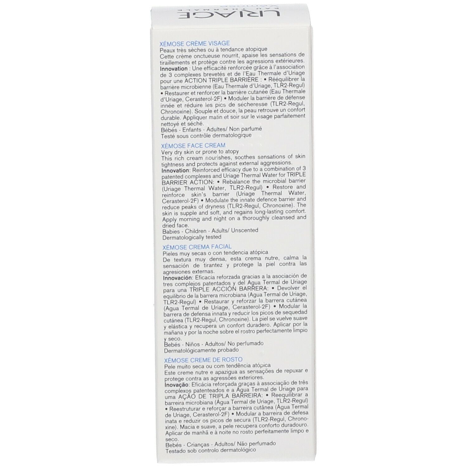 Rückseite der Schachtel URIAGE Xémose Face Cream. Text: Anwendungshinweise, dermatologisch getestet. Für Babys, Kinder, Erwachsene.