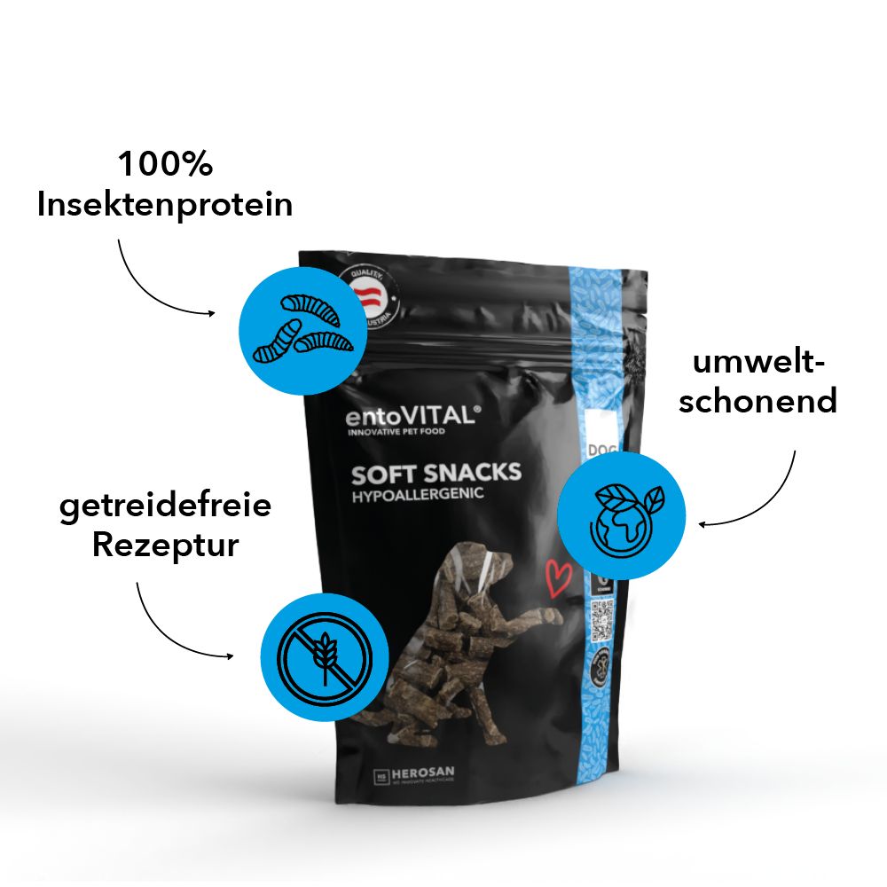 Schwarze Verpackung mit Produktnamen und Logo. Text: SOFT SNACKS HYPOALLERGENIC. Grafiken: 100% Insektenprotein, getreidefreie Rezeptur, umweltschonend.