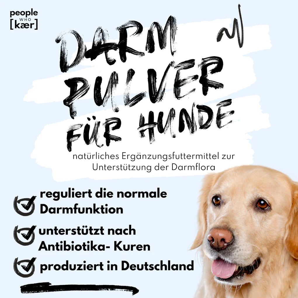 Produktbeutel "Darm Pulver für Hunde" mit Text. Text: "reguliert die normale Darmfunktion", "unterstützt nach Antibiotika-Kuren", "produziert in Deutschland".